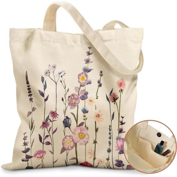 Aesthetic Tote Bag for Girls Purple Flower - Picture 1 of 1